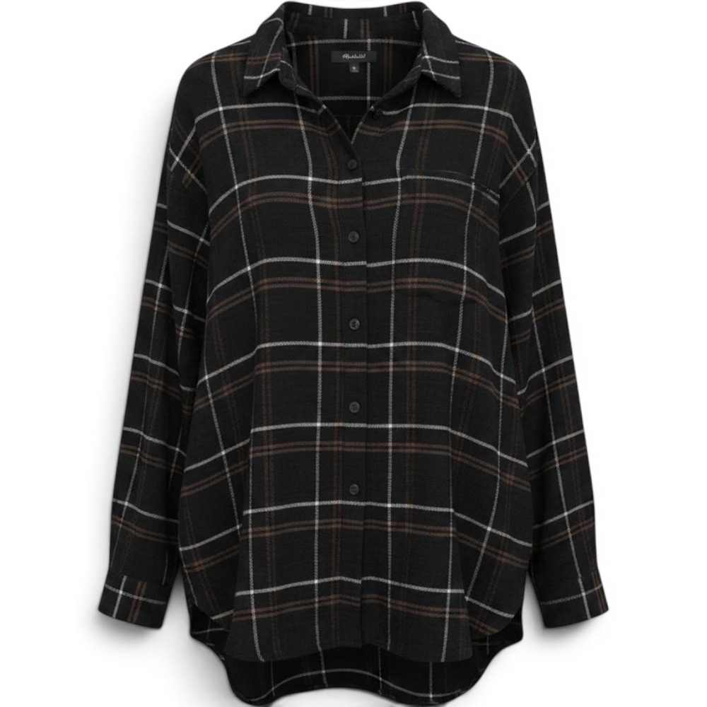 Madewell Womens Black Plaid Cotton Flannel Oversized Shirt L Layering Pockets